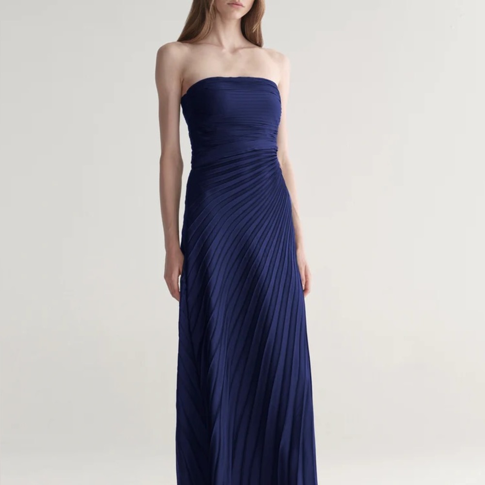 A.L.C. Navy Bianca Strapless Pleated Maxi Dress